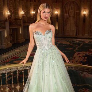 New Strapless Maxi Tulle Gown w/ Dazzling Beaded Bustline & Boned Bodice CDS541